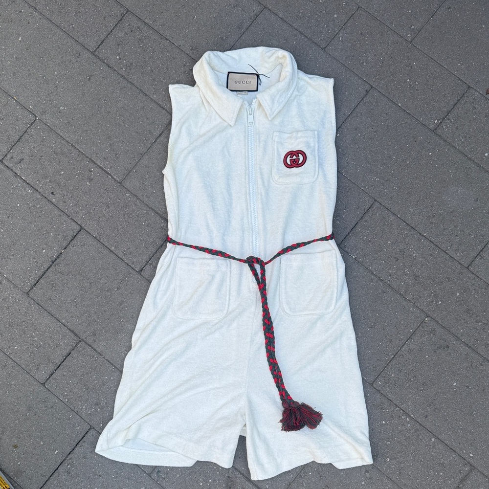 Gucci Ivory Romper with signature red and green Belt